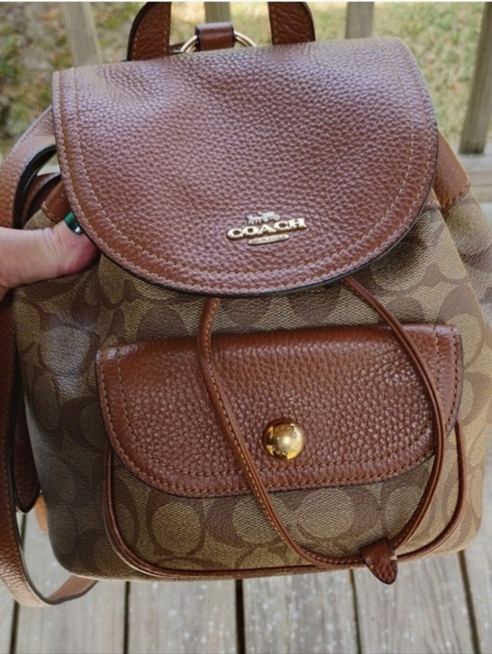 Coach Tan/Brown Signature Canvas Mini Backpack with Leather Trim